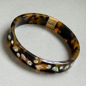 J. CREW Bracelet Bangle Tortoise Clear Faceted Crystals Gold Preppy (7-3/4")